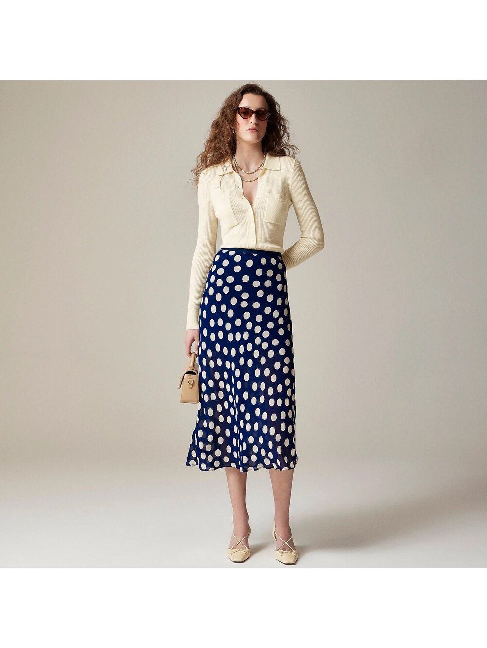 J.Crew New Gwyneth Midi Slip Skirt S Navy White Polka Dot Viscose Chiffon CI644